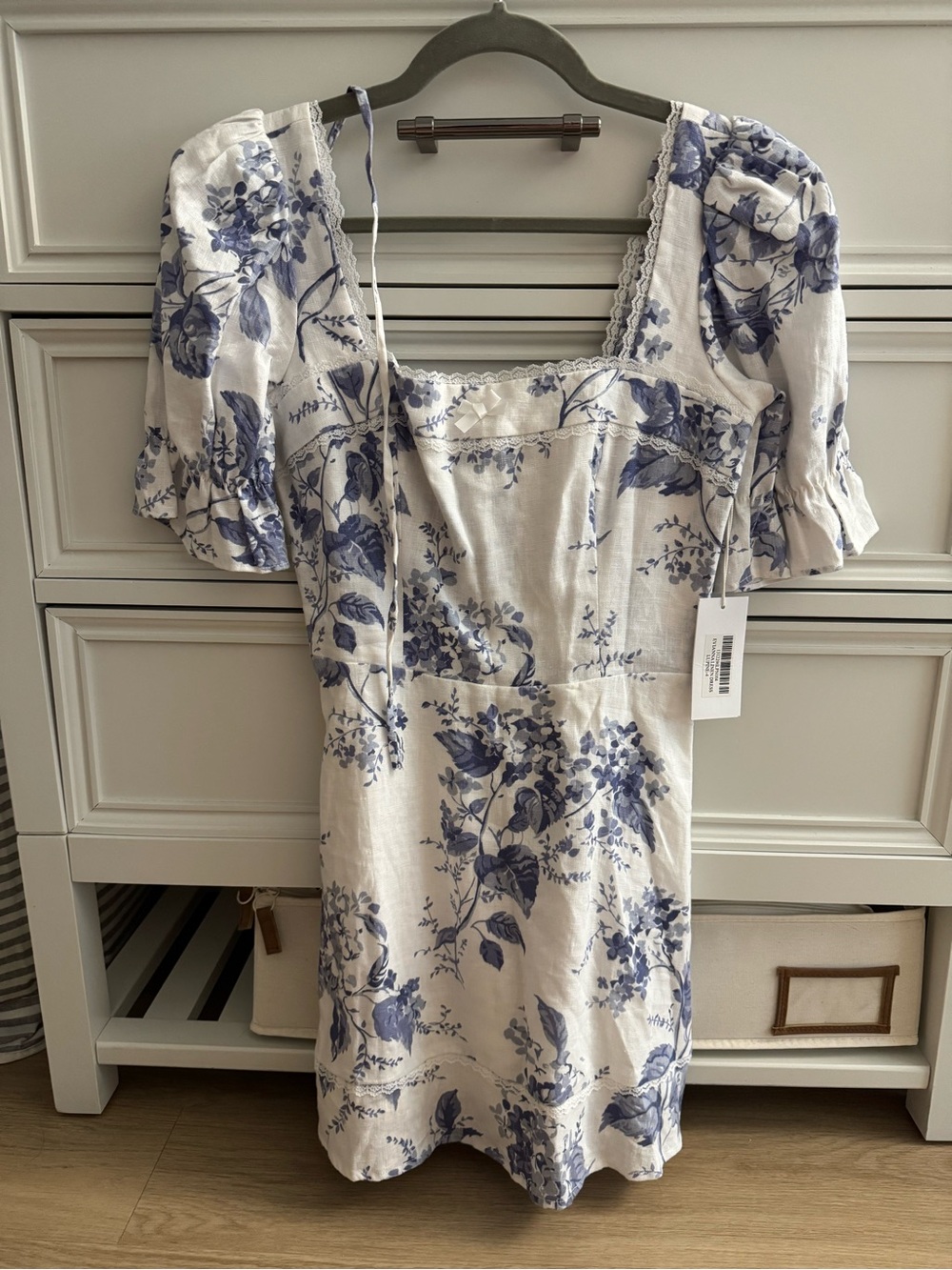 Reformation Blue Floral Square-Neck Mini Dress on Cream